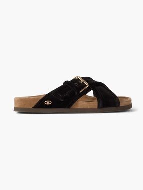 Valentino Garavani Black Velvet Crisscross Slide Sandals with Gold Buckle 37 (7)